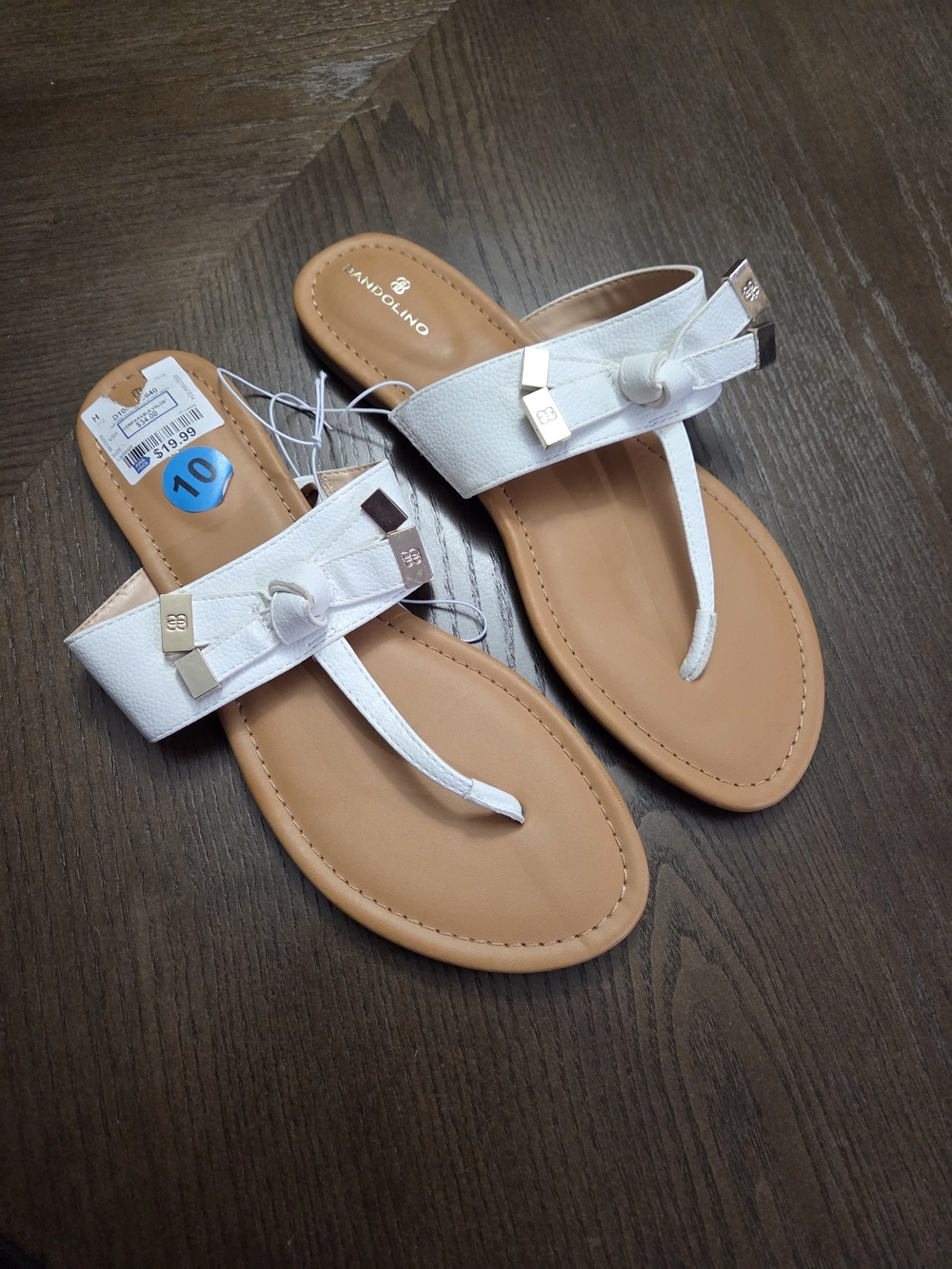 Bandolino White Bow Thong Sandals with Gold Accents Women's Size 10 New